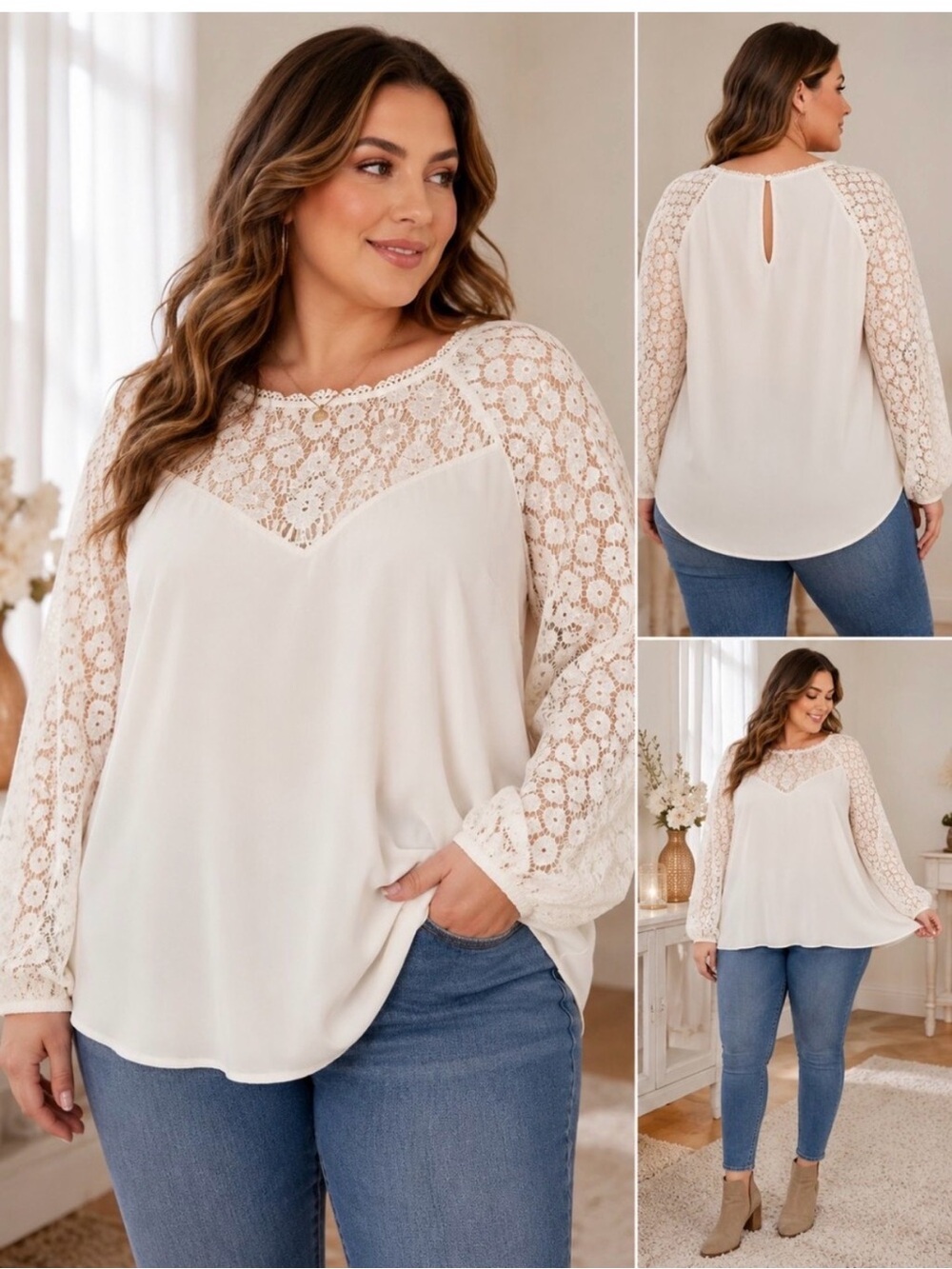 torrid Georgette Cream Lace Yoke Long-Sleeve Blouse